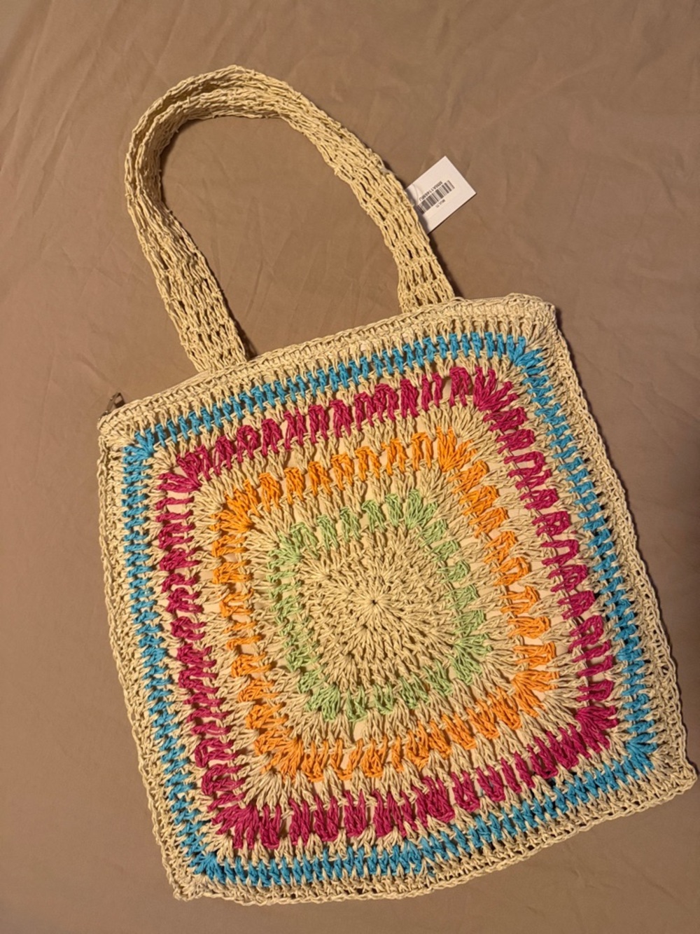 Woven Crochet Square Tote Bag in Natural with Multicolor Accents